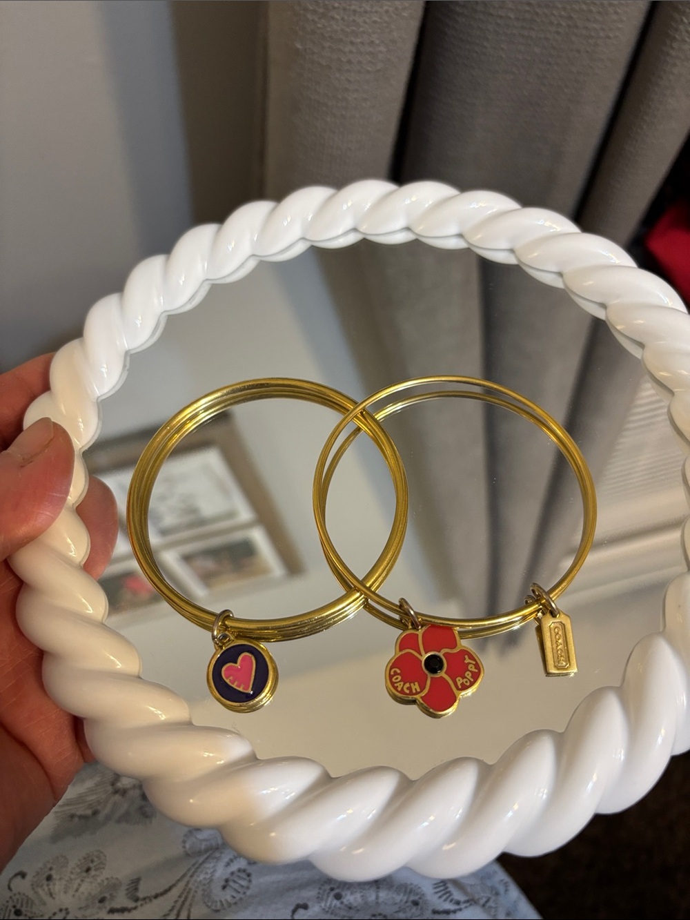 Coach Gold-Tone Charm Bangle Set with Red Poppy and Pink Heart Accents
